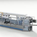 Linearere Abfuellautomat mit Roboter als Umsetzer